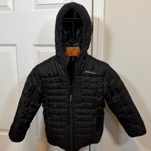 Eddie Bauer Kids Reversible Quilted Black Puffer/Green Camo Fleece Coat, XS